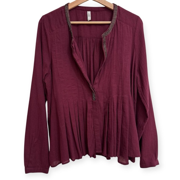 Free People Tops - Free People Beaded Button Front Pleated Top 100% Cotton Medium